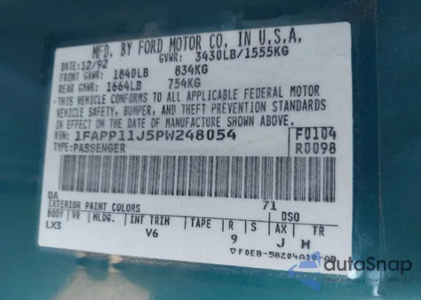 1993 Ford Escort Lx/Sport из США, поврежденный, VIN 1FAPP11J5PW248054